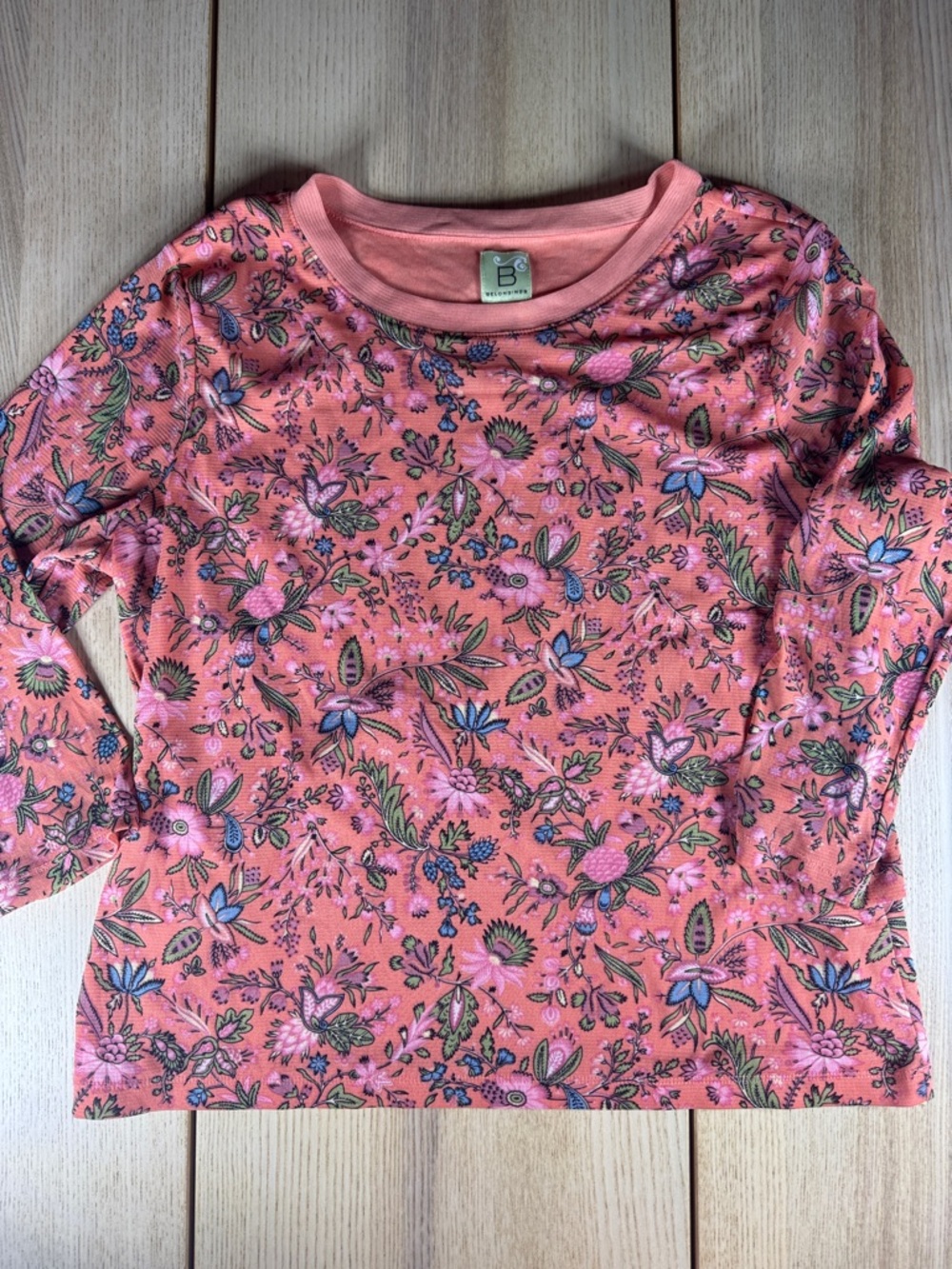 Belongings Floral Long Sleeve Mesh Top Coral Pink Blue XL